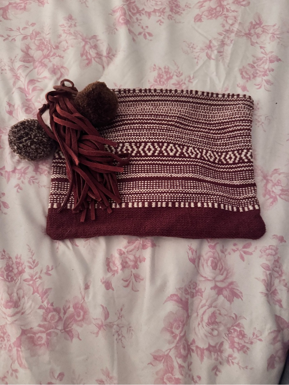 Never worn…Women's Lucky Brand  Brown Patterned Knit Clutch with Pom Tassel